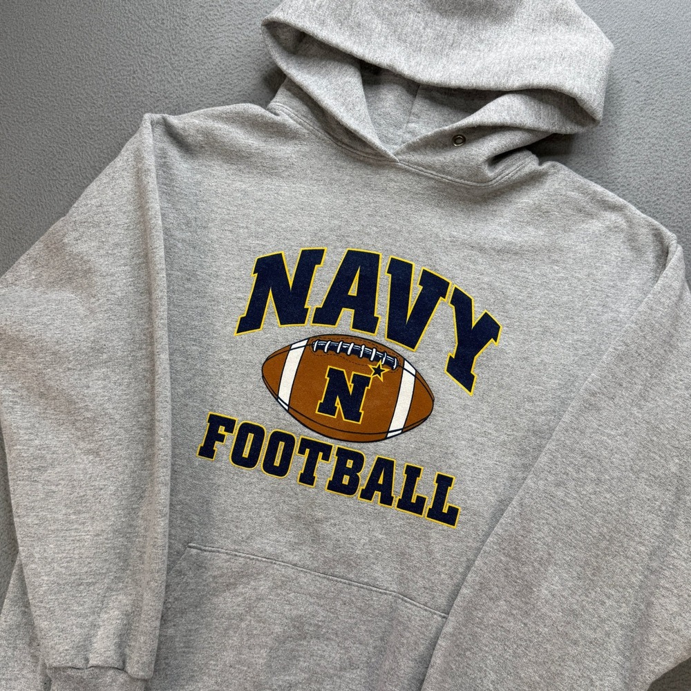 Vintage Navy Football Hoodie Men S Gray Cotton Blend Pullover Made in USA 90s